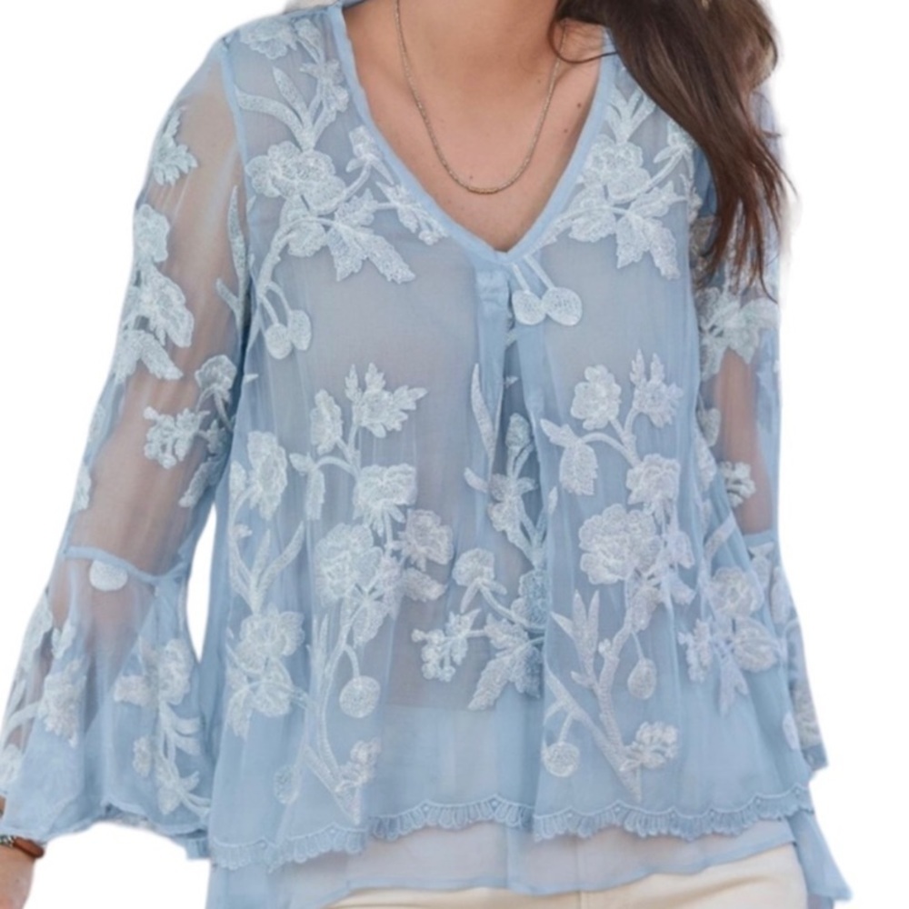 Sundance Size S Blue Gretty Zueger Sadie Floral Embroidered Bell Sleeve Silk Top